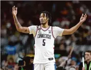  ?? Jamie Squire/Getty Images ?? UConn’s Stephon Castle reacts against the Alabama Crimson Tide in the NCAA Men’s Basketball Tournament Final Four semifinal game at State Farm Stadium on Sunday, April 6 in Glendale, Ariz.