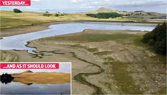  ?? ?? Arid: Low water levels and bone-dry conditions at Harperleas Reservoir, Fife, after little rain and, inset, at normal capacity in 2009