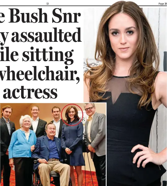  ??  ?? ‘Assault’: Heather Lind and inset, circled, with George and Barbara Bush and British co-star Kevin McNally in grey jacket