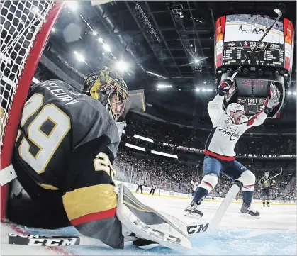  ?? ASSOCIATED PRESS FILE PHOTO ?? Capitals’ Evgeny Kuznetsov celebrates a goal against Golden Knights goaltender Marc-Andre Fleury in Game 1 of the final series.