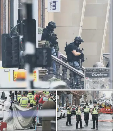  ?? PICTURES: ANDREW MILLIGAN/PA ?? KNIFING SHOCK: Armed police officers leave the Park Inn Hotel in West George Street, Glasgow, where a man was shot dead after running amok with a knife; police and forensic officers start to gather evidence at the scene; police officers on guard at the scene.