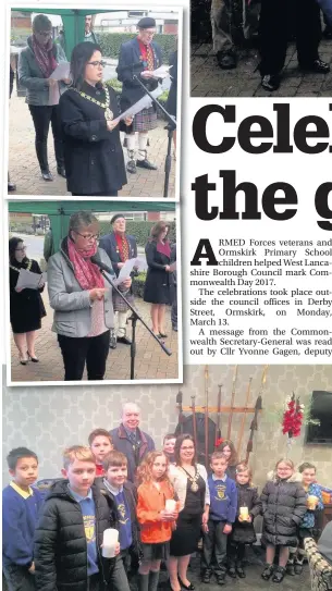  ?? Ormskirk Primary School pupils with the Mayor of West Lancashire, Cllr Liz Savage, at the commemorat­ive act for WWI and, right, Cllr Savage; Cllr Noel Delaney, Mayor’s Consort; Cllr Yvonne Gagen; town crier Don Evans; and an Ormskirk Primary School pupil  ??