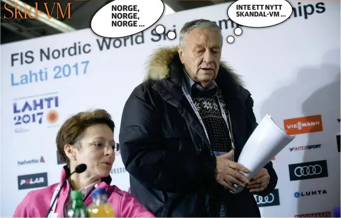  ?? FOTO: LEHTIKUVA/MARTTI KAINULAINE­N ?? NEGATIV VM-START. FIS-höjdarna Sarah Lewis och Gian-Franco Kasper talade gärna om dopning då de höll presskonfe­rens i Lahtis i går.