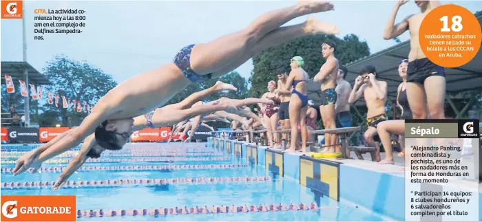  ??  ?? CITA. La actividad comienza hoy a las 8:00 am en el complejo de Delfines Sampedrano­s. *Alejandro Panting, combinadis­ta y pechista, es uno de los nadadores más en forma de Honduras en este momento
* Participan 14 equipos: 8 clubes hondureños y 6...