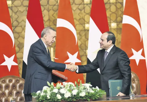  ?? ?? President Recep Tayyip Erdoğan and Egyptian President Abdel-Fattah el-Sissi (R) attend a signing ceremony in Cairo, Egypt, Feb. 14, 2024.