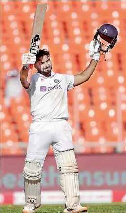  ?? PTI ?? India’s Rishabh Pant celebrates his century against England during the second day of the fourth Test at the Narendra Modi Stadium in Ahmedabad on Friday. —