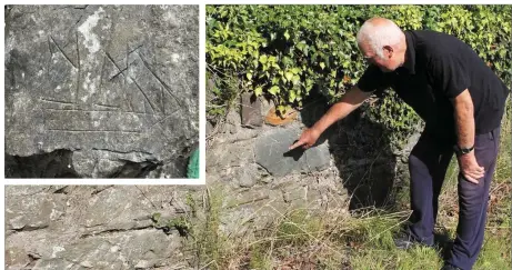  ??  ?? The late Dick Fortune, Ballygarre­tt pointing out a carving of a schooner in Clonevin, and (inset) the carving in close-up.