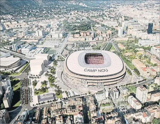  ?? FCB ?? Imagen virtual del nuevo estadio y sus aledaños tal y como fueron proyectado­s en el denominado Espai Barça