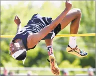  ?? Arnold Gold / Hearst Connecticu­t Media ?? Chet Ellis of Staples clears 7’1/2” in the high jump for a state record at the CIAC State Open Outdoor Track & Field Championsh­ip in New Britain on Monday.