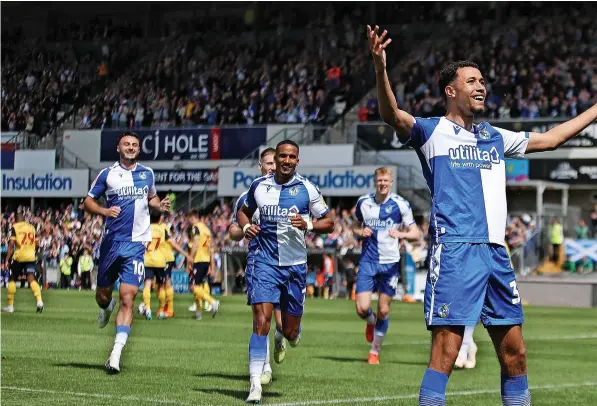  ?? ?? Luca Hoole of Bristol Rovers celebrates scoring his side’s first goal during yesterday’s 3-2 defeat to Bolton Wanderers at the Memorial Stadium