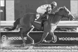 ?? MICHAEL BURNS ?? Souper Sensationa­l wins the seven-furlong Glorious Song over Tapeta at Woodbine. The Silverbull­etday is two turns on dirt.