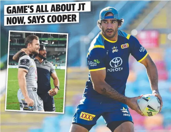  ??  ?? CHAMPION: Johnathan Thurston at Cowboys training and ( inset) with Gavin Cooper during last year’s NRL finals.