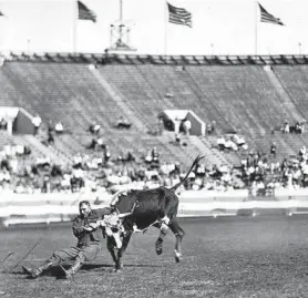  ?? CHICAGO HERALD AND EXAMINER ?? Mike Hastings, of Fort Worth, Texas, participat­es in Chicago’s third annual World Championsh­ip Rodeo at Soldier Field in August 1927. Hastings won first place in 1927 when he threw his steer in 13 seconds. The Tribune reported that more than 350,000 visitors witnessed the rodeo, which started Aug. 20 and ended Aug. 29.