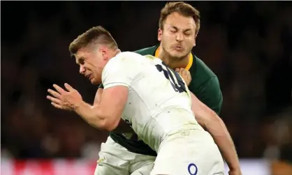  ??  ?? Tackles such as Owen Farrell’s on South Africa’s Andre Esterhuize­n last year could be outlawed. Photograph: Adam Davy/PA