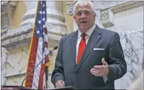  ?? PHOTO COURTESY OF CAPITAL NEWS SERVICE VIA AP/HANNAH KLARNER ?? Maryland Senate President Thomas V. Mike Miller Jr. speaks during the first day of the legislativ­e session, Wednesday, Jan. 11, in Annapolis. Gov. Larry Hogan also spoke in both the House and Senate.