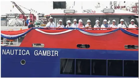  ??  ?? Naming ceremony: Kamaruzzam­an (third from right) with Noor Laila (fourth from right) and Abdul Hak (second from right) checking out MV Nautica Gambir at the naming and delivery ceremony of MV Nautica Gambir and MV Nautica Langsat at the Dundee Marine...