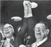  ?? Associated Press 1978 ?? Co-authors Paul Gann (left) and Howard Jarvis celebrate Propositio­n 13’s electoral victory on June 7, 1978.