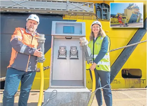  ?? ?? FIRST CONTACT: Montrose Port Authority chief executive officer Tom Hutchison and Maria Bos, chief executive of Plug, with the port’s new shore power service, used by the Magne Viking, inset. Pictures by Kim Cessford.