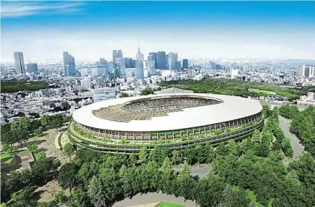  ?? Stadion podle návrhu Kenga Kumy, zatím ve vizualizac­i. FOTO GJF ?? Olympijské Tokio 2020.