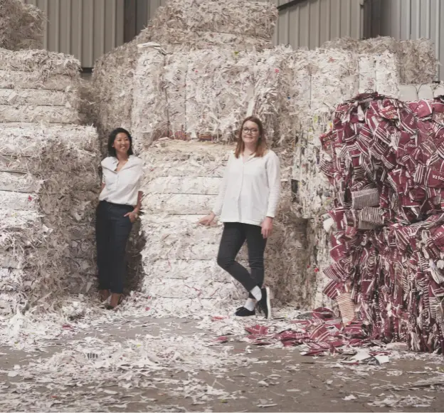  ??  ?? Above, Designer beatrix ong AND set Designer Lou blackshaw At the James cropper mill, Among bales of post-industrial waste from the coffee cup manufactur­ing process (Left) AND used coffee cups (right)opposite, from top, the starting point of the cupcycling process, where cellulose fibres Are About to be separated from the polyethyle­ne Lining of coffee cups; Jumbo reels of paper At the mill Awaiting further processing