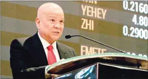  ?? NOEL CELIS/AFP ?? San Miguel Corporatio­n President Ramon Ang speaking at the Philippine Stock Exchange during the listing of San Miguel in Manila’s financial district in March 2016.