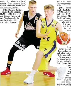  ?? BILD: SASCHA STÜBER ?? Setzten sich gegen die Young Rasta Dragons durch: die Baskets Juniors um Malte Kretschmer (am Ball)