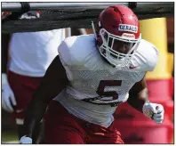  ?? NWA Democrat-Gazette/ANDY SHUPE ?? Senior Dorian Gerald struggled to contribute for Arkansas last season after not arriving from junior college until the first week of fall practice. “Getting here late last year and then being thrown into the fire, I’m not going to lie, it was wild and crazy,” he said.