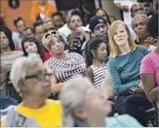  ?? Jay L. Clendenin Los Angeles Times ?? PEOPLE AT a town hall discuss the redevelopm­ent plan at Christ Temple Cathedral Church last month.