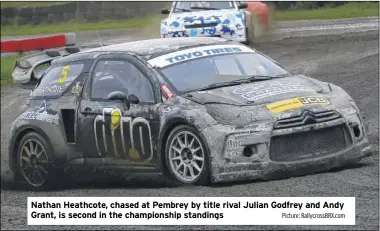  ?? Picture: Rallycross­BRX.com ?? Nathan Heathcote, chased at Pembrey by title rival Julian Godfrey and Andy Grant, is second in the championsh­ip standings