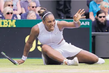  ?? KIRSTY WIGGLESWOR­TH/ASSOCIATED PRESS ?? Serena Williams takes a tumble while attempting to make a return during her quarterfin­al match with 55th-ranked Alison Riske on Tuesday.