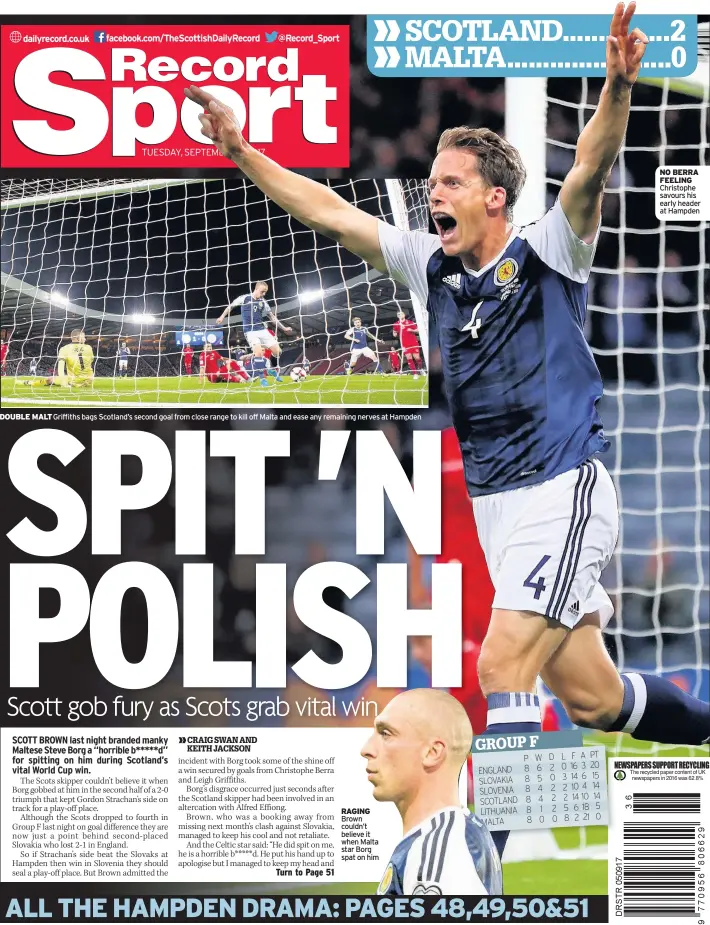  ??  ?? DOUBLE MALT Griffiths bags Scotland’s second goal from close range to kill off Malta and ease any remaining nerves at Hampden RAGING Brown couldn’t believe it when Malta star Borg spat on him NO BERRA FEELING Christophe savours his early header at...