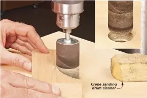  ??  ?? Crepe sanding drum cleaner
Your drill press can do a lot more than just make holes. Outfit it with a spindle sanding drum attachment and an auxiliary table (inset) to smooth the edges of curved workpieces.