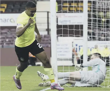  ??  ?? 2 Winger Chris Humphrey turns away after scoring Hibs’ third goal in the first 25 minutes of the match on Saturday.