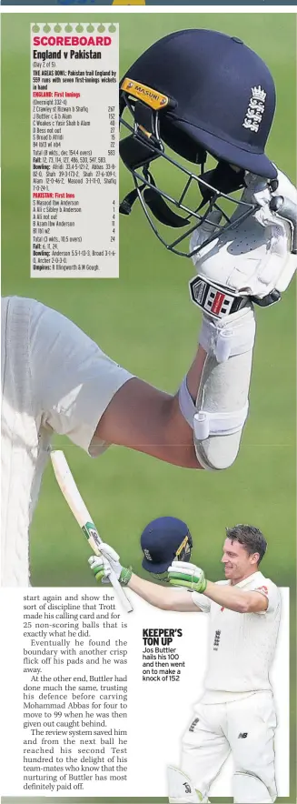  ??  ?? KEEPER’S TON UP
Jos Buttler hails his 100 and then went on to make a knock of 152