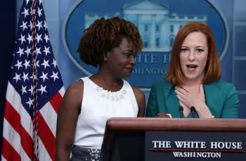  ?? Alex Wong, Getty Images ?? Press secretary Jen Psaki, right, introduces Karine Jean-pierre during a daily news briefing May 5 at the White House. Psaki’s last day on the job is Friday, and JeanPierre will replace her.