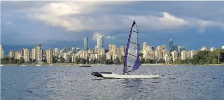  ??  ?? ’Sailbot’ Ada 1.0 during a test on English Bay in Vancouver. The autonomous boat made it about 800 kilometres into the Atlantic Ocean, bound for Ireland, before it encountere­d problems.