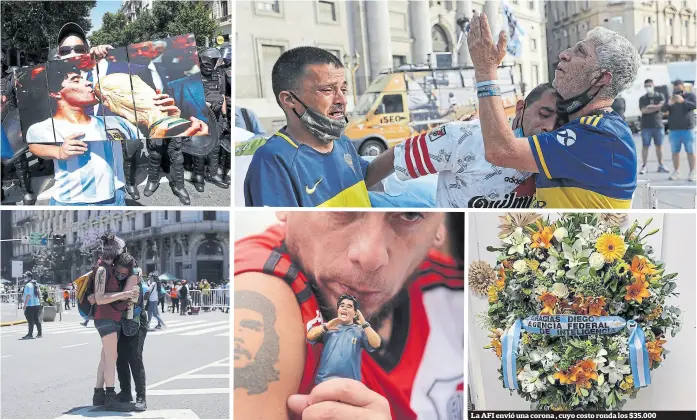  ?? fotos de santiago filipuzzi, ignacio sánchez y rodrigo abd/ap ?? Postales de la despedida: llantos, abrazos y emociones a flor de piel poblaron el entorno de la Casa Rosada La AFI envió una corona , cuyo costo ronda los $35.000