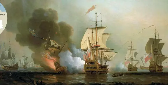  ??  ?? Il dipinto L’olio su tela del 1708 di Samuel Scott, «Combattime­nto navale a largo di Cartagena», che illustra l’affondamen­to del galeone spagnolo San José