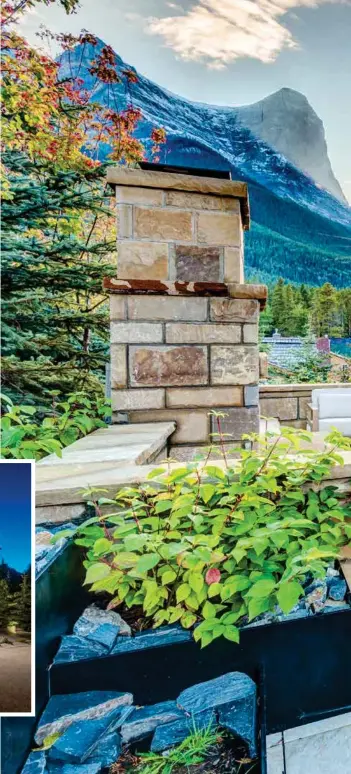  ??  ?? A blend of porcelain tile decking and rough-hewn sandstone captures handsome patio décors that feature Fir pergolas and Hemlock tongue-and-groove soffits with mountain peaks beyond.