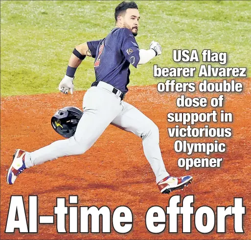  ?? Getty Images ?? FAST EDDY: Eddy Alvarez heads for second as he logs his second double of the game in the seventh inning, driving in a run each time, as the United States stopped Israel, 8-1, in opening-round Group B action Friday at Yokohama Baseball Stadium.