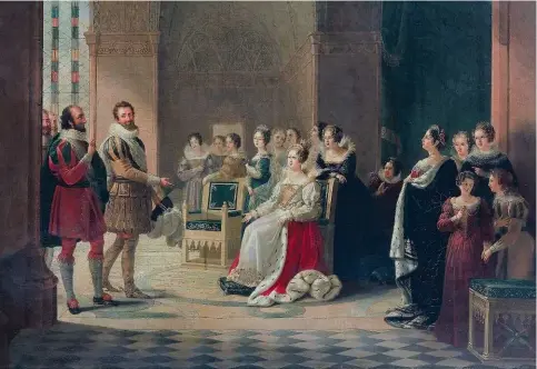  ??  ?? La Cour du roi de France, Henri IV, et Marie de Médicis (15731642), reine de France (1819), de Virginie Ancelot. En décembre 1599, Henri IV obtient l’annulation de son mariage avec la reine Marguerite, et épouse, à la cathédrale Saint-Jean de Lyon, le 17 décembre 1600, Marie de Médicis.