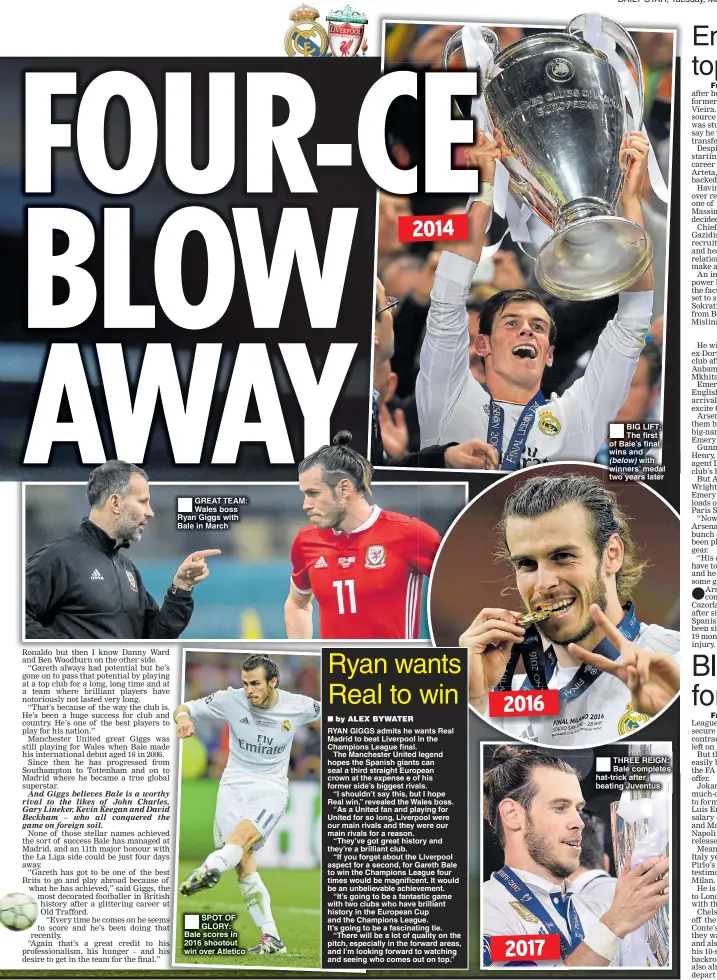  ??  ?? GREAT TEAM: Wales boss Ryan Giggs with Bale in March SPOT OF GLORY: Bale scores in 2016 shootout win over Atletico BIG LIFT: The first of Bale’s final wins and (below) with winners’ medal two years later THREE REIGN: Bale completes hat-trick after...