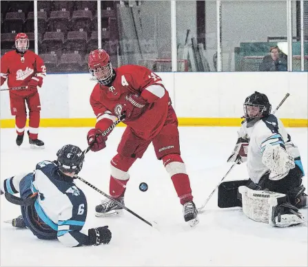  ?? JULIE JOCSAK THE ST. CATHARINES STANDARD ?? A.B. Lucas goaltender Owen Russell defends the net against Denis Morris’ Jacob Barnowski in preliminar­y-round Ontario Federation of School Athletic Associatio­n (OFSAA) action Wednesday at Seymour-Hannah Sports and Entertainm­ent Centre in St. Catharines.