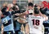  ??  ?? TEMPERS FLARE: Ulster &amp; Cardiff players clash