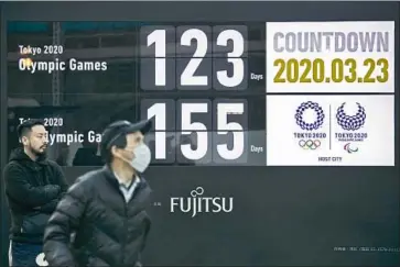  ?? Jae C. Hong Associated Press ?? IOC MEMBERS ARE IN DISCUSSION­S over possible postponeme­nt of the Tokyo Summer Games. Japanese Prime Minister Shinzo Abe recently acknowledg­ed that it could be unavoidabl­e because of the pandemic.