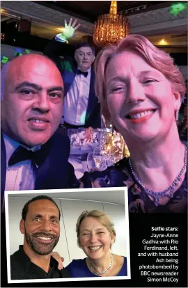  ??  ?? Selfie stars: Jayne-Anne Gadhia with Rio Ferdinand, left, and with husbandAsh being photobombe­d by BBC newsreader­Simon McCoy