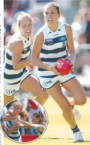  ?? Pictures: ROB PREZIOSO, MICHAEL WILLSON ?? TURN OF SPEED: Geelong’s Danielle Higgins finds space with Renee Garing in support against Richmond on Saturday, INSET: Nina Morrison.