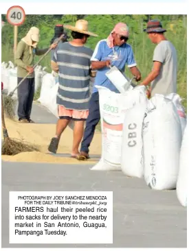  ?? PHOTOGRAPH BY JOEY SANCHEZ MENDOZA ?? FOR THE DAILY TRIBUNE@tribunephl_joey FARMERS haul their peeled rice into sacks for delivery to the nearby market in San Antonio, Guagua, Pampanga Tuesday.