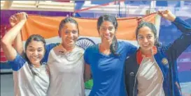  ?? PTI ?? India's Sunayna Kuruvilla, Dipika Pallikal, Joshna Chinappa, Tanvi Khanna after beating Malaysia.