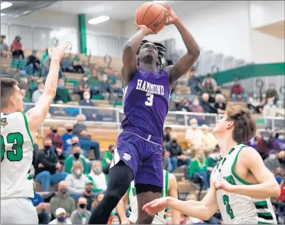  ?? KYLE TELECHAN / POST-TRIBUNE ?? Hammond’s Harold Woods, center, puts up a shot between Valparaiso’s Mason Jones, left, and Colton Jones on Friday.